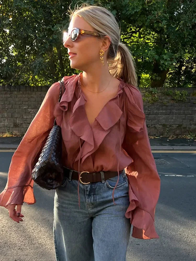 Vrouwelijke Blouse Transparant Bruin Elegante Stijl