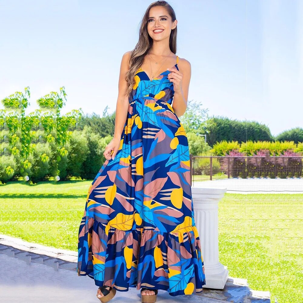 Vrouwelijke Zomerjurk Maxi Tropisch Patroon Jurk