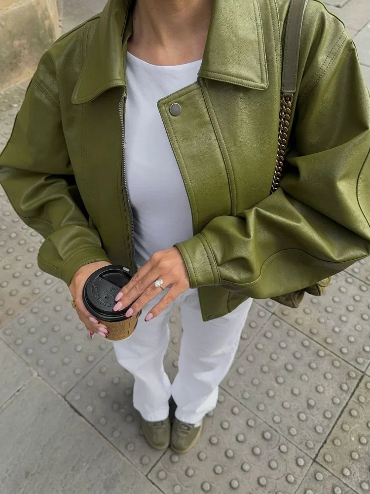 Vegan Leren Damesjas Olijfgroen Streetwear Stijl - StudioMarella