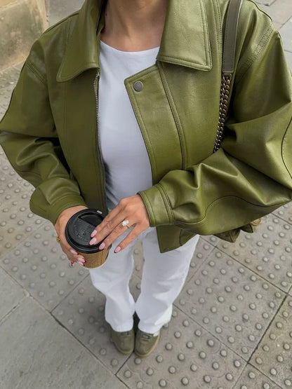 Vegan Leren Damesjas Olijfgroen Streetwear Stijl - StudioMarella