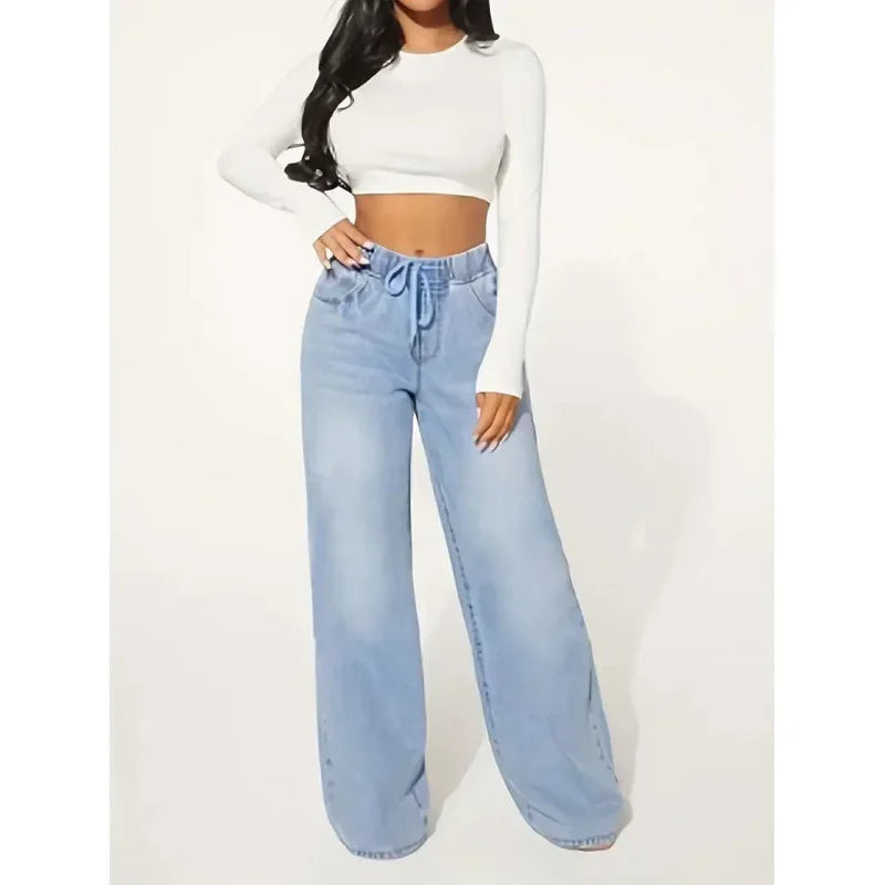 Dames Jeans High Waist Elastisch met Strik en Stretchstof