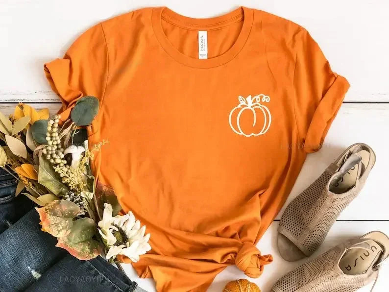 Dames T-shirt Herfst Pompoenprint Oranje Kawaii Stijl - StudioMarella