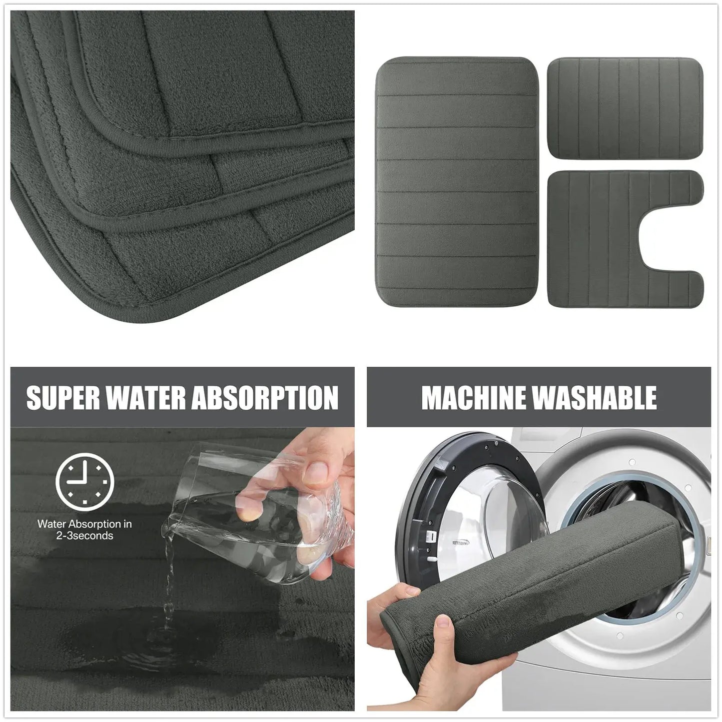 Fluwelen Memory Foam Badmatten Set van 3 Stuks – Waterabsorberend Antislip Badkamertapijt met Zachte Badmat voor Toilet en Douche
