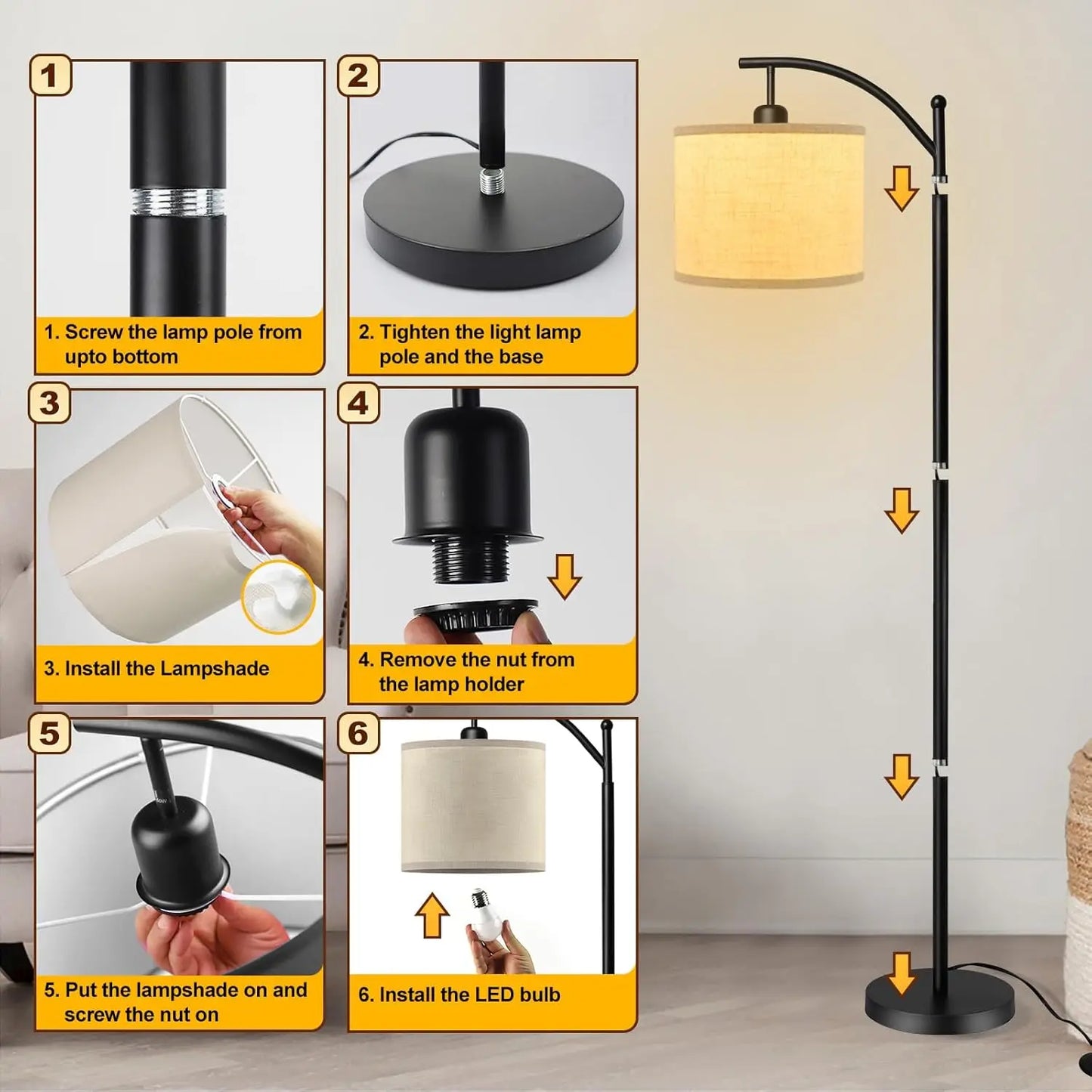 Boog Vloerlamp Met Stoffen Kap 3 Lichtkleuren LED Modern Woonkamer