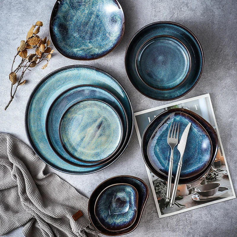 Serviesgoed Set 11-Delig Turquoise Geglazuurd Porselein Handgemaakt Rustiek Eetservies Borden Kommen Dinerborden Dessertborden