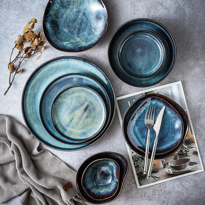 Serviesgoed Set 11-Delig Turquoise Geglazuurd Porselein Handgemaakt Rustiek Eetservies Borden Kommen Dinerborden Dessertborden
