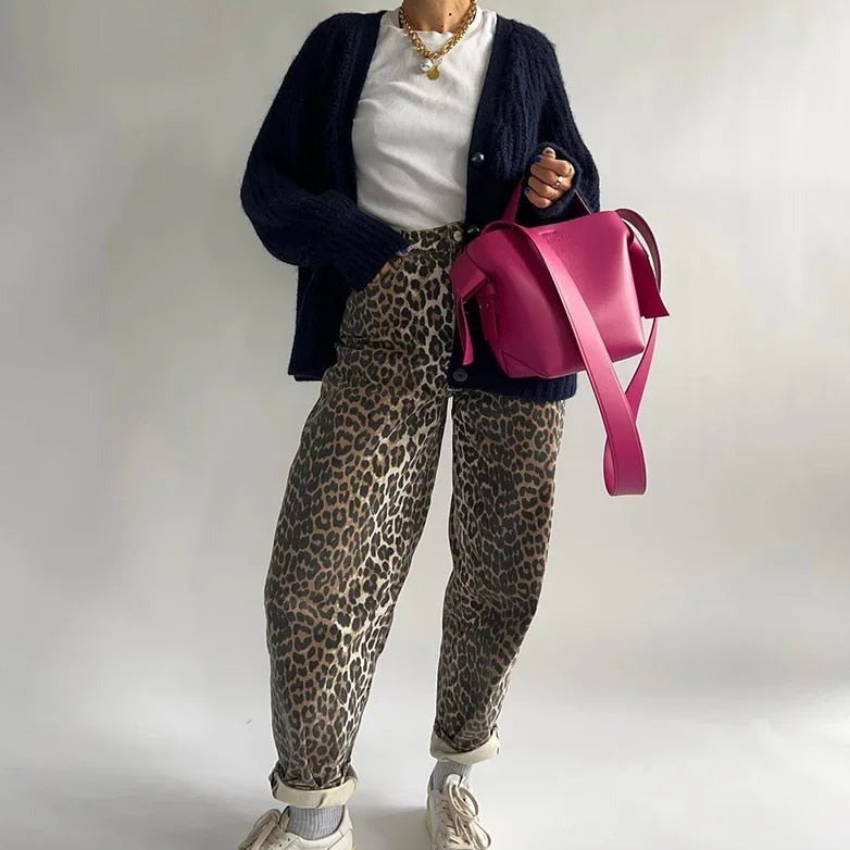 Damesjeans Hoge Taille met Luipaardprint Elastisch