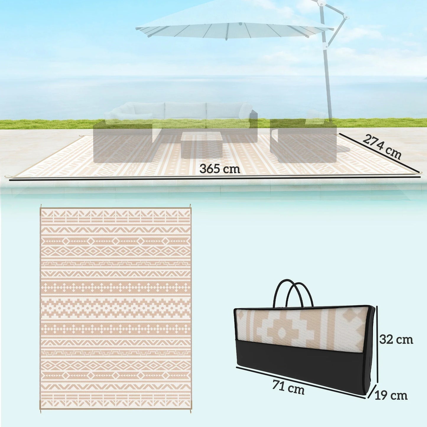 Buitenkleed Omkeerbaar 365x274cm Beige Polypropyleen Tuinkleed Camping Picknick Terras Vloermat Opvouwbaar Transporttas