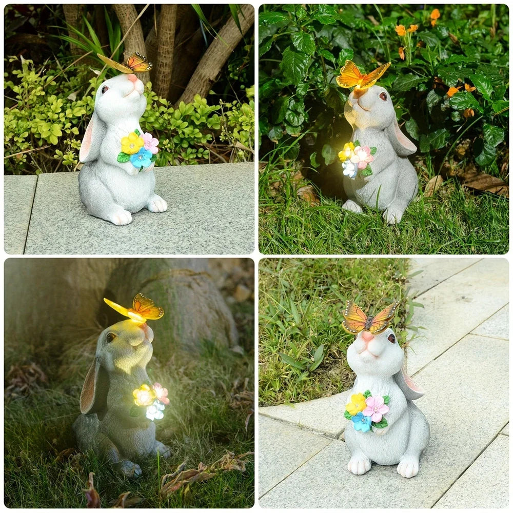 Zonne-energie Konijn Tuinbeeldje Hars 22,5cm LED Vlinder Solarlamp Tuin Terras Gazon Buitendecoratie Pasen Cadeau