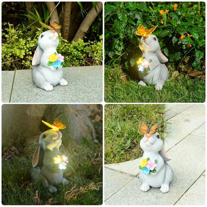 Zonne-energie Konijn Tuinbeeldje Hars 22,5cm LED Vlinder Solarlamp Tuin Terras Gazon Buitendecoratie Pasen Cadeau
