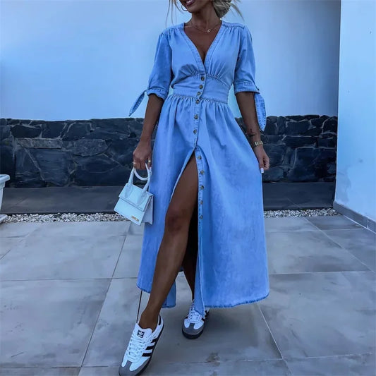 Blauwe Jurk met Knoopsluiting voor Vrouw Casual Denim Stijl - StudioMarella