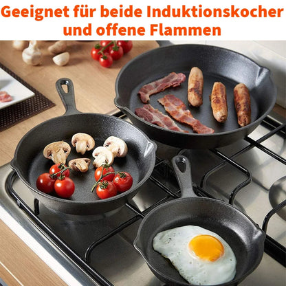 Gietijzeren Koekenpannenset 3-delig 16-20-26cm Inductie Gasfornuis Ongecoat Braadpan Omeletpan Roerbakpan Zwart