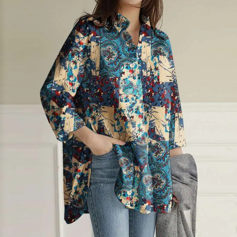 Vrouwelijke Bloes met Bloemenprint Retro Look - StudioMarella