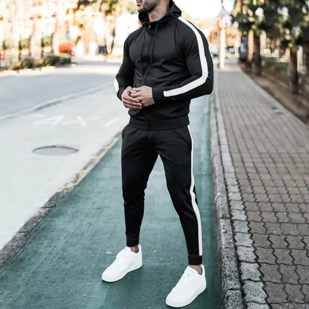Herentrainingspak Witte Strepen Capuchon Sportief