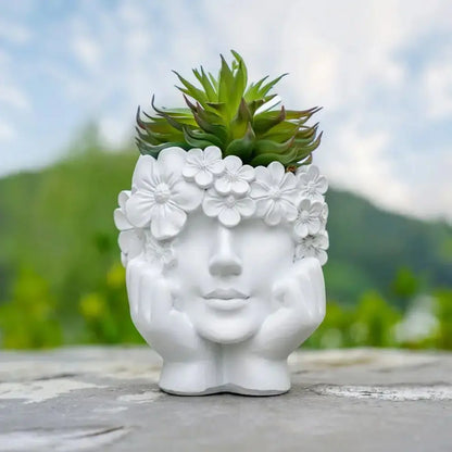 Bloempot Vrouwengezicht Hars Wit 15cm Decoratief Sculptuur Woonkamer Tuin Binnen Buiten Plantenpot Gezicht