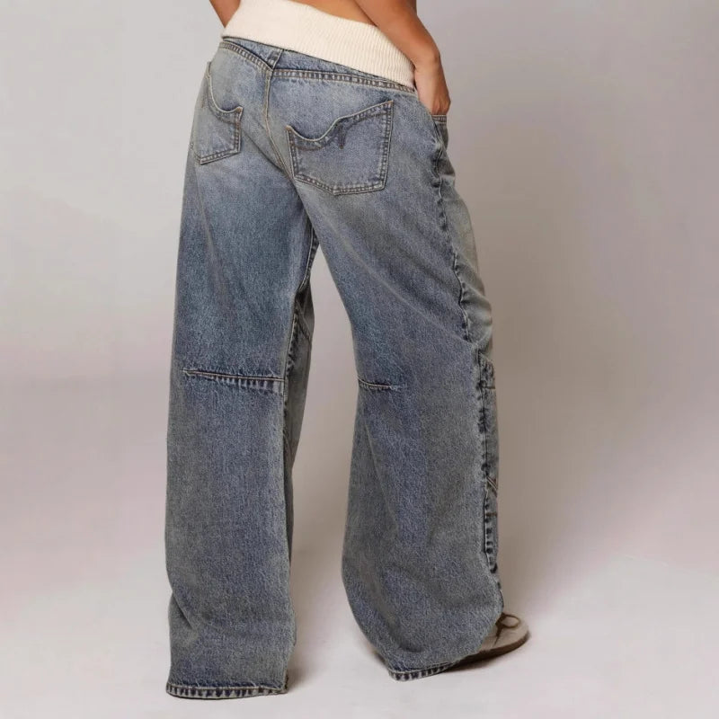 Baggy Jeans voor Vrouw met Elasticiteit en Hoge Taille