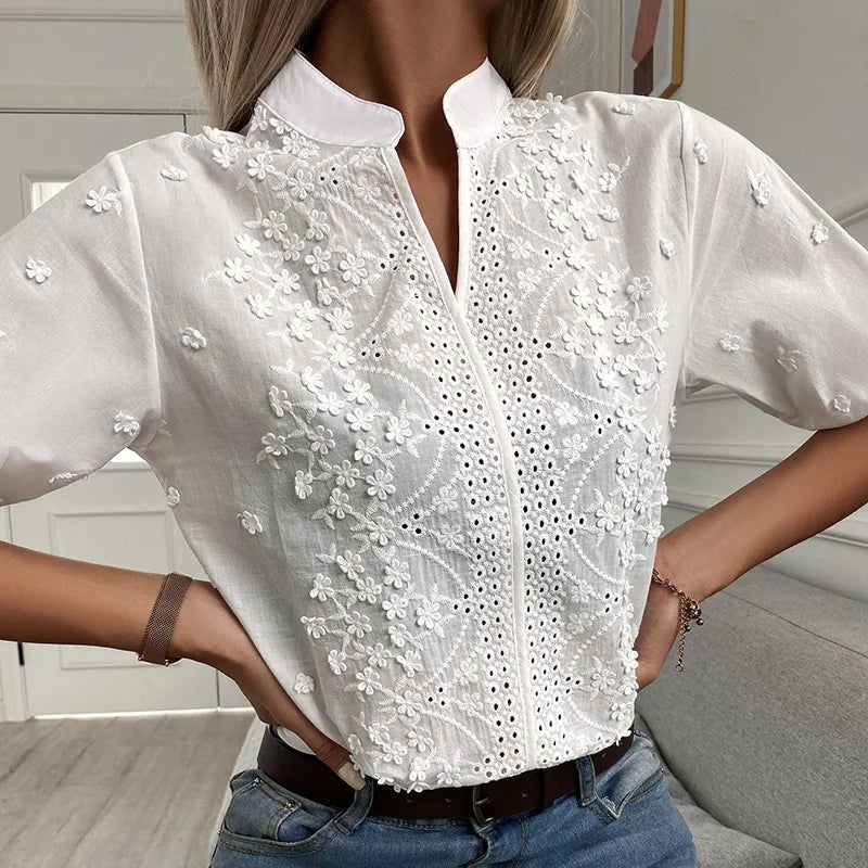 Dames Blouse Bloemendesign Geborduurd Elegante Stijl