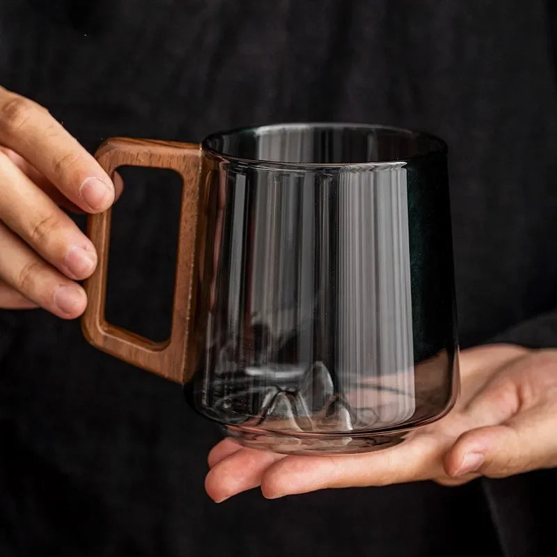 Glazen Bergpiek Beker met Dubbele Wand 300ml – Hittebestendig Borosilicaatglas met Houten Handgreep voor Koffie en Thee