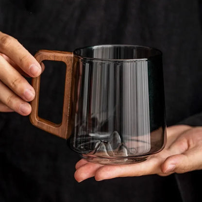 Glazen Bergpiek Beker met Dubbele Wand 300ml – Hittebestendig Borosilicaatglas met Houten Handgreep voor Koffie en Thee