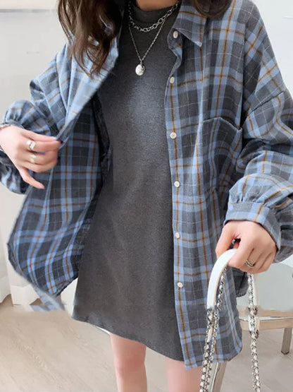 Dames Oversized Hemd Lange Mouwen Blauw Geruit