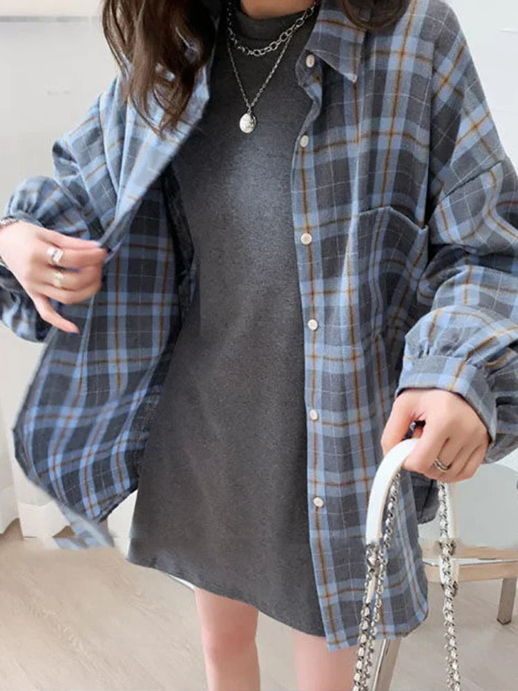 Lange Geruit Overhemd Oversized Mannen