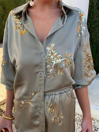 Zilveren Broek en Blouse Set voor Vrouw Glamour Look