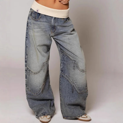 Baggy Jeans voor Vrouw met Elasticiteit en Hoge Taille