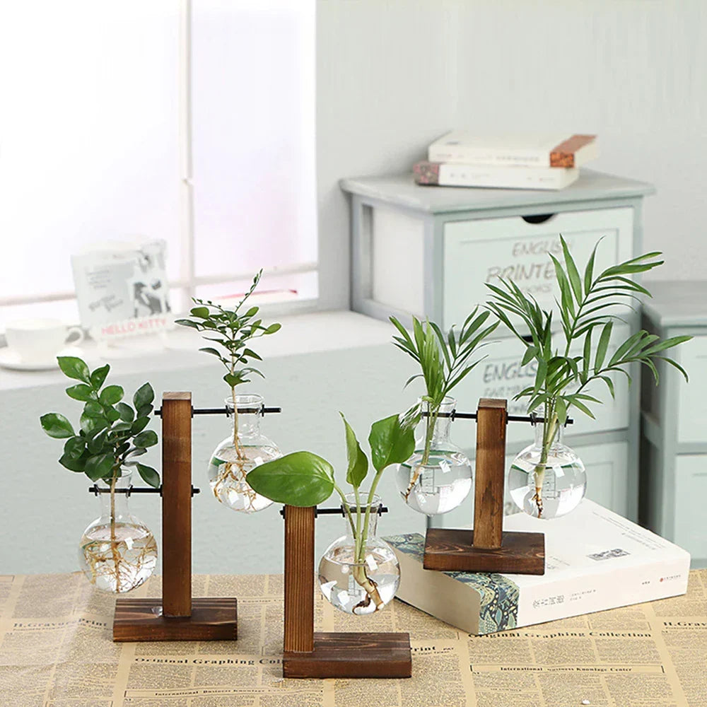 Glazen Vaas op Houten Standaard Decoratief Retro Hydroponics Plantenpot Transparant Glas Sfeeraccent voor Bloemen en Stekjes