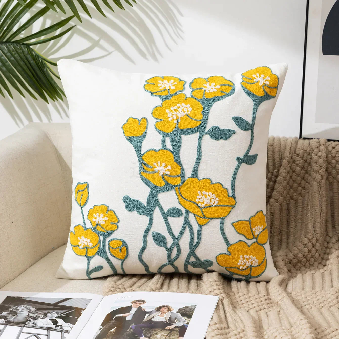 Kussenhoes 45x45cm Katoen Canvas Geborduurd Bloemen Wit Sierkussenhoes Bank Slaapkamer Landelijke Stijl Decoratief