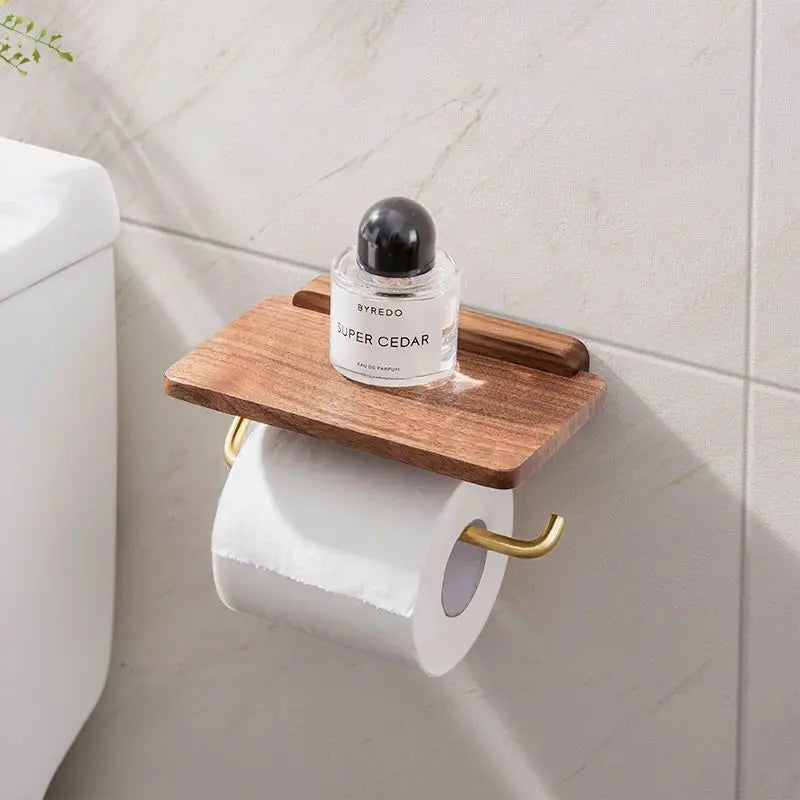 Toiletrolhouder Hout Walnoot Wandmontage Bruin Met Plank Badkamer Toilet Papierhouder Wandrek Minimalistisch Interieur