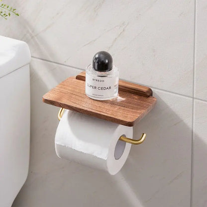 Toiletrolhouder Hout Walnoot Wandmontage Bruin Met Plank Badkamer Toilet Papierhouder Wandrek Minimalistisch Interieur