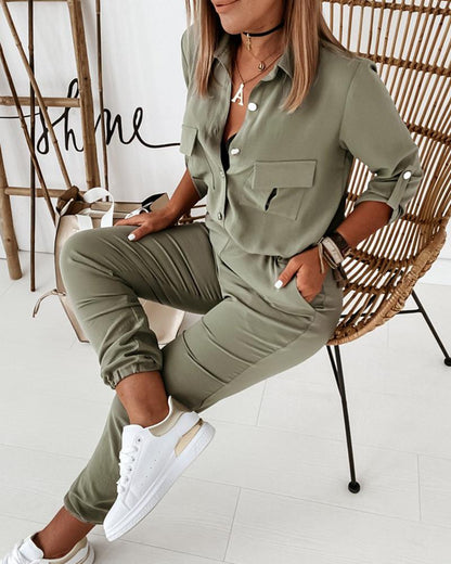 Lange Jumpsuit Met Elastische Taille en Mouwen