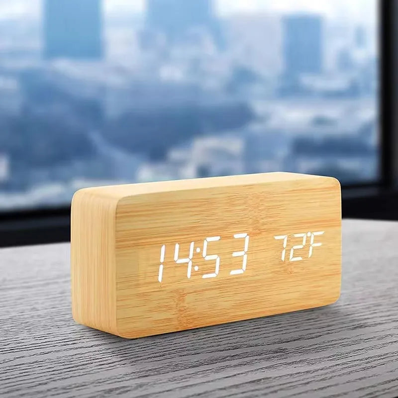 Digitale Wekker Houtlook LED Bamboe Zwart Bruin Temperatuur USB Slaapkamer Bureau 3 Alarmen Instelbare Helderheid 12/24u Tafelklok