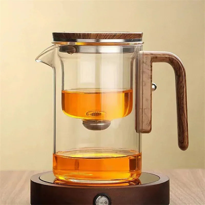 Glazen Theepot met Magnetisch Filtersysteem 520ml-720ml Borosilicaatglas Afneembare Zeef Houten Handvat Losse Thee Infuser Koffiekan