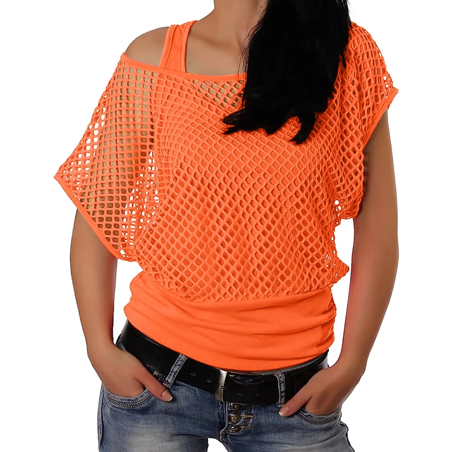 Vrouwen T-shirt Off-Shoulder Mesh Oranje Zomer