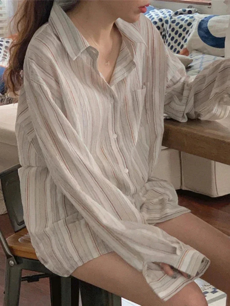 Oversized Shirt Met Lange Mouwen en Streepjes