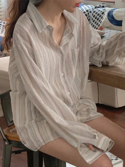 Oversized Shirt Met Lange Mouwen en Streepjes