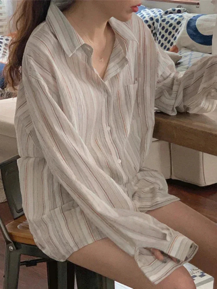 Oversized Shirt Met Lange Mouwen en Strepen