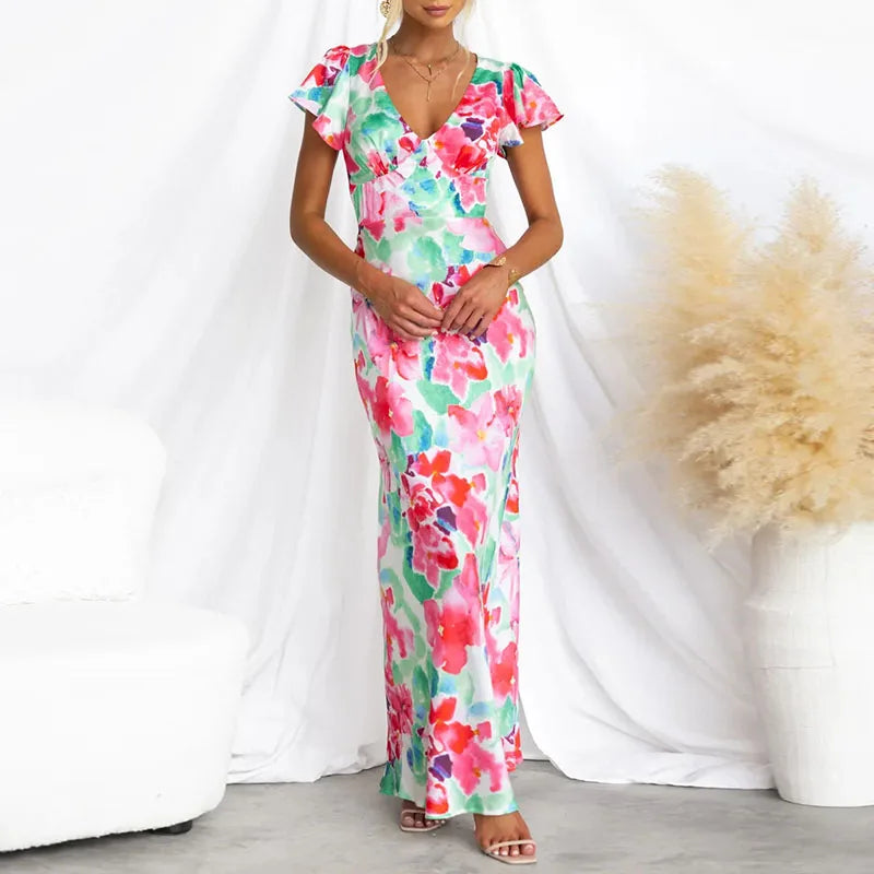 Feestelijke Avondjurk Bloemenprint V-hals Elegante Jurk - StudioMarella