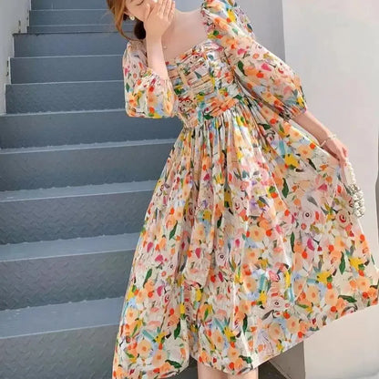 Bloemenjurk Franse Stijl Jurk met Korte Mouwen