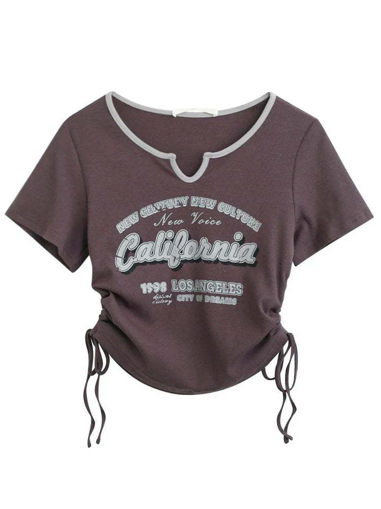 Retro Crop Top Korte Mouw Letter Dames