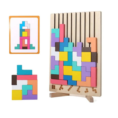 Houten 3D Puzzelspel voor Kinderen – Creatief Tetris Stapelspel met Geometrische Blokken – Ruimtelijk Inzicht & Handcoördinatie