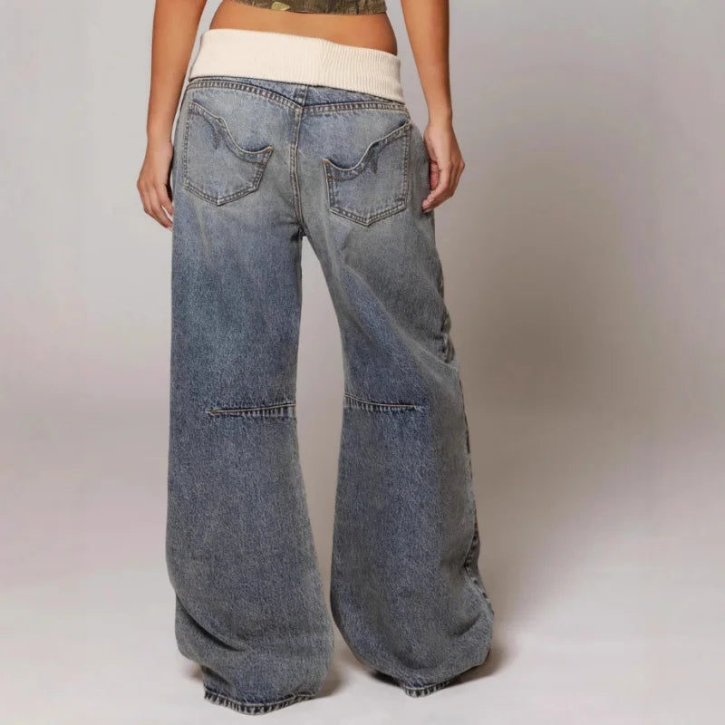 Baggy Jeans voor Vrouw met Elasticiteit en Hoge Taille