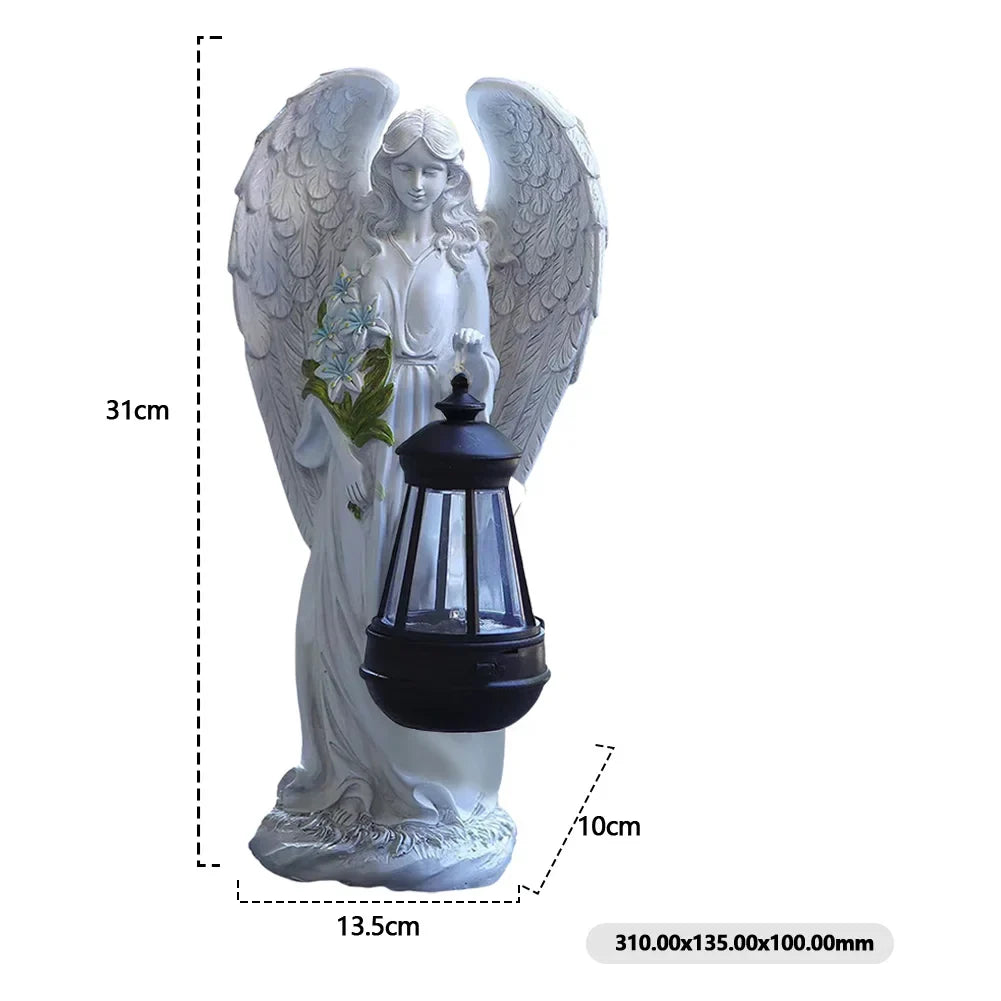 Engel Tuinbeeldje Zonne-energie LED Lantaarn 31cm Hars Automatisch Buiten Tuin Terras Patio Sfeerlamp Waterdicht Wit