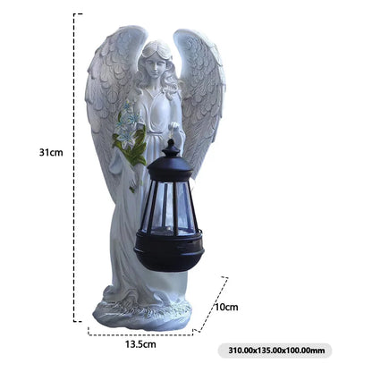 Engel Tuinbeeldje Zonne-energie LED Lantaarn 31cm Hars Automatisch Buiten Tuin Terras Patio Sfeerlamp Waterdicht Wit