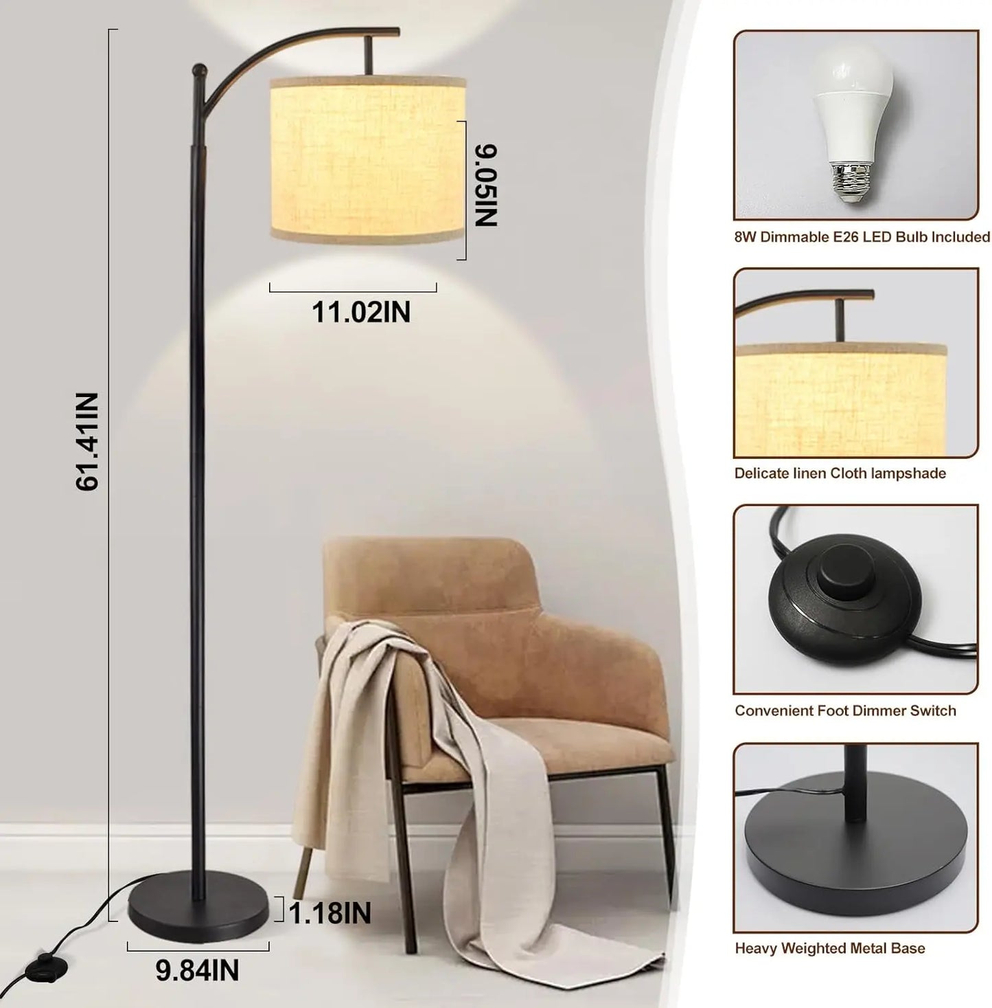 Boog Vloerlamp Met Stoffen Kap 3 Lichtkleuren LED Modern Woonkamer