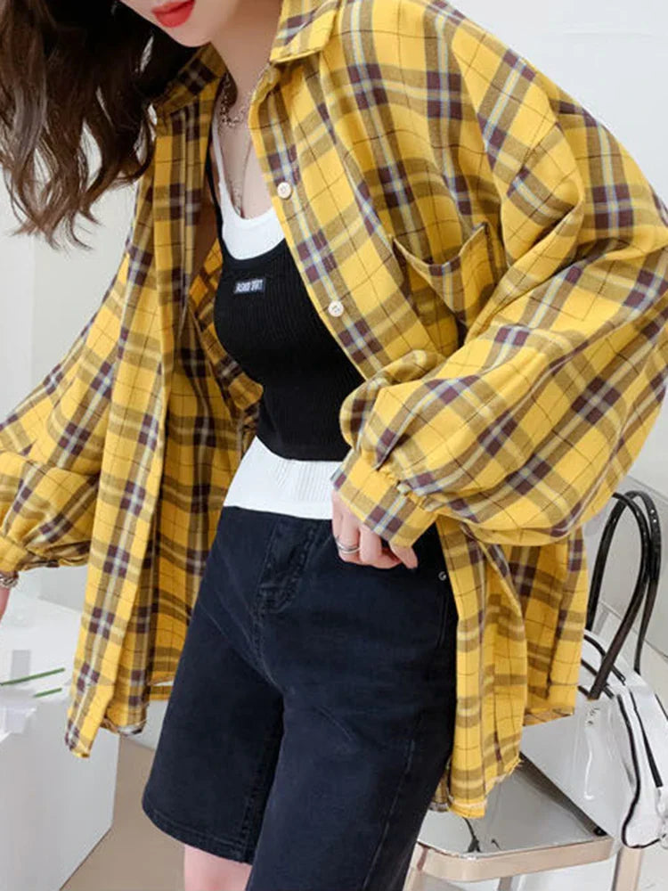 Dames Oversized Hemd Lange Mouwen Blauw Geruit