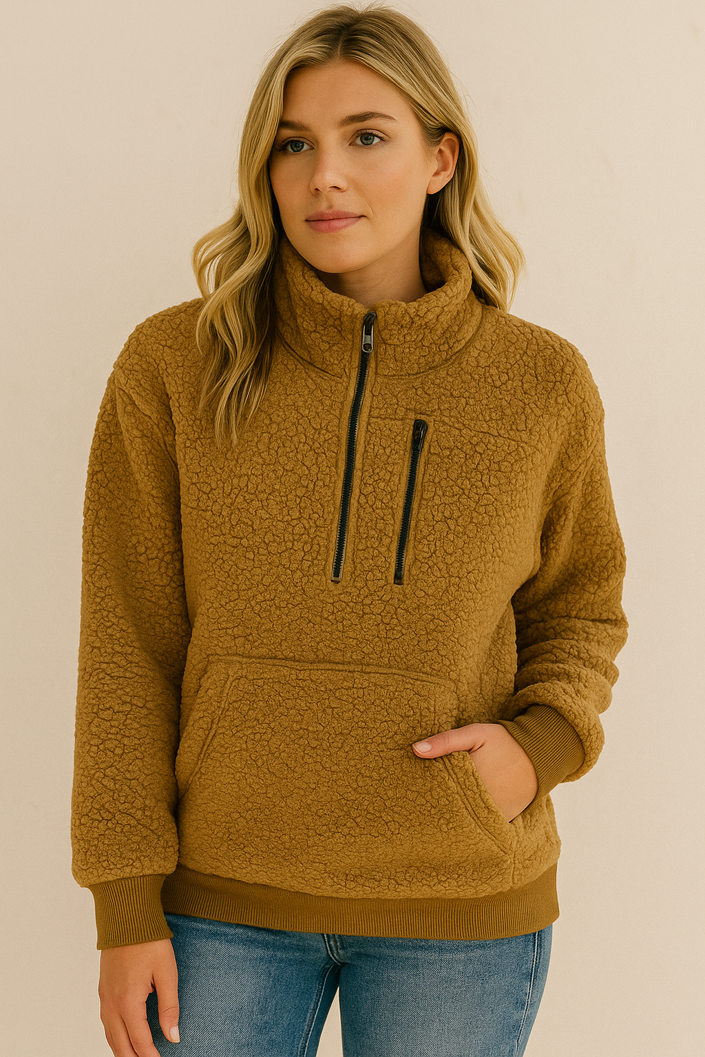 Dames Fleece Trui Warm Met Rits en Hoge Kraag - StudioMarella