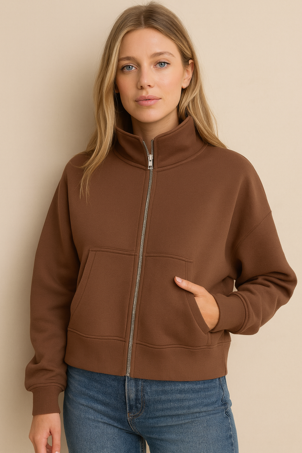 Dames Vest Rits Hoge Kraag Basic Trendy Grijs