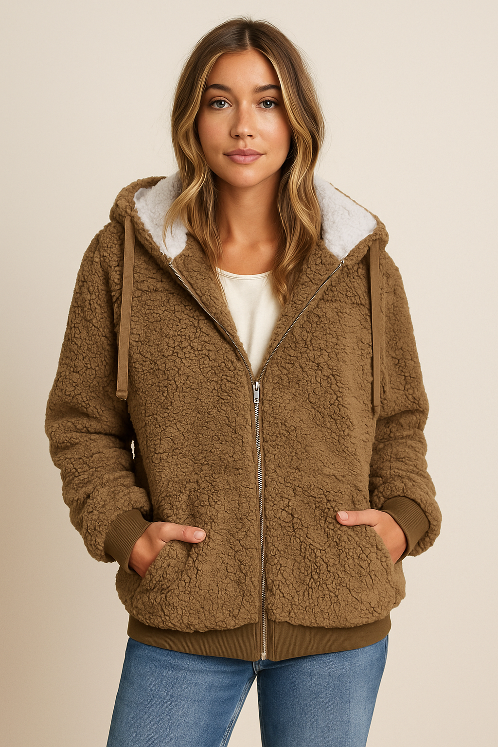 Dames Fleece Hoodie Zwart Wit met Rits Capuchon
